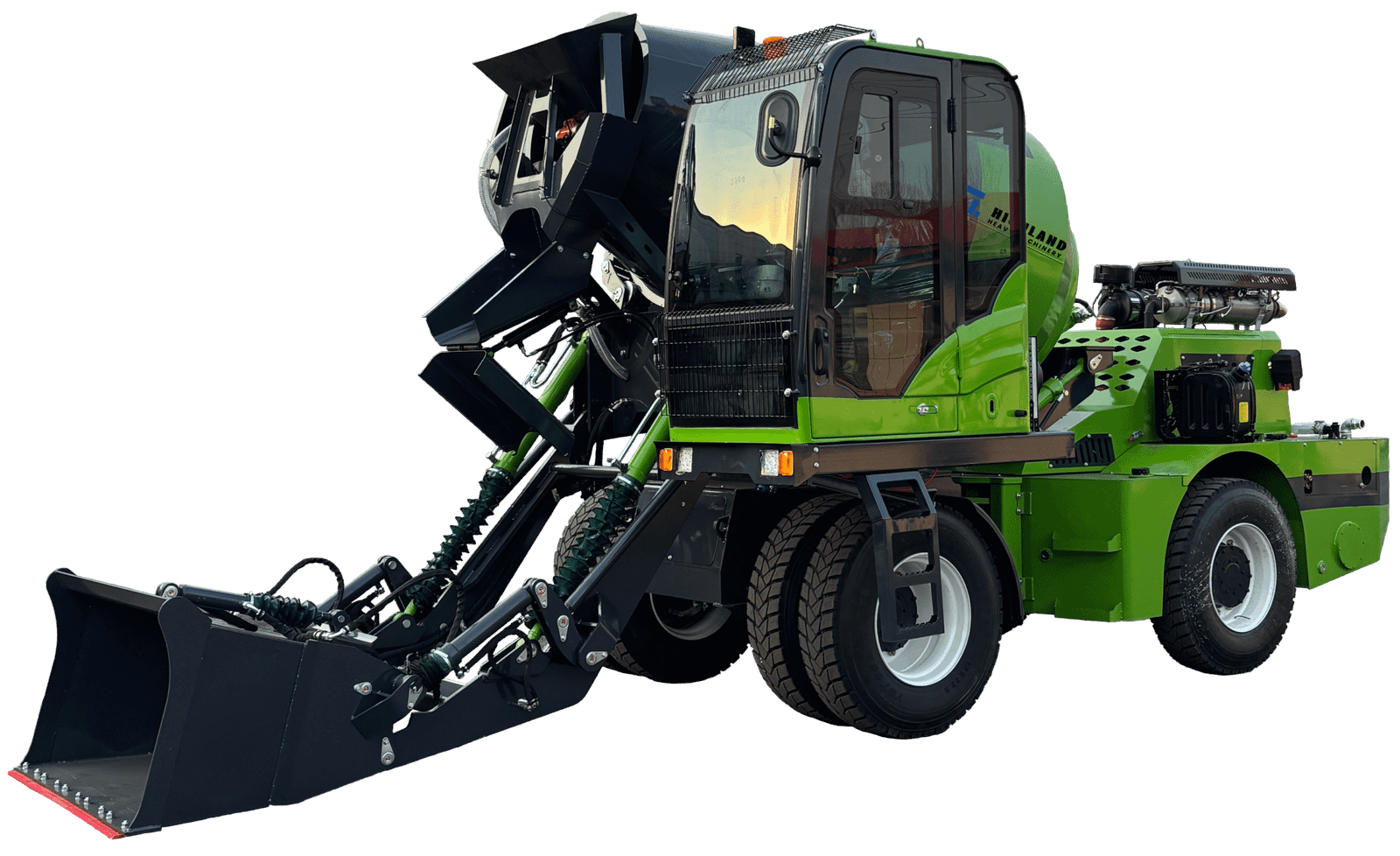 HIGHLAND HEAVY MACHINERY 3.5m³ self loading concrete mixer truck isolated on white background, featuring green and grey bodywork with a front loading bucket, ideal for product catalogs and dealer marketing.