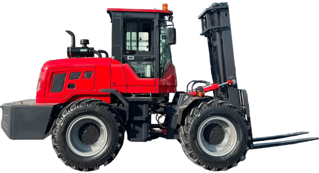 HIGHLAND HEAVY MACHINERY 5-ton rough terrain forklift in red with enclosed cabin, isolated on white background for e-commerce and catalog display.