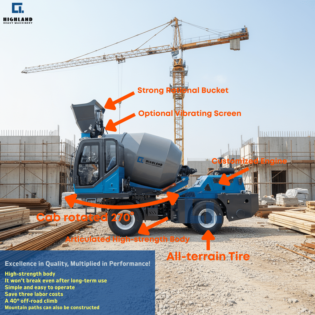 HIGHLAND HEAVY MACHINERY self loading concrete mixer truck features guide with labeled callouts highlighting the 270° rotating cab, articulated high-strength body, customized engine, optional vibrating screen, strong rational bucket, and all-terrain tires on a construction site.