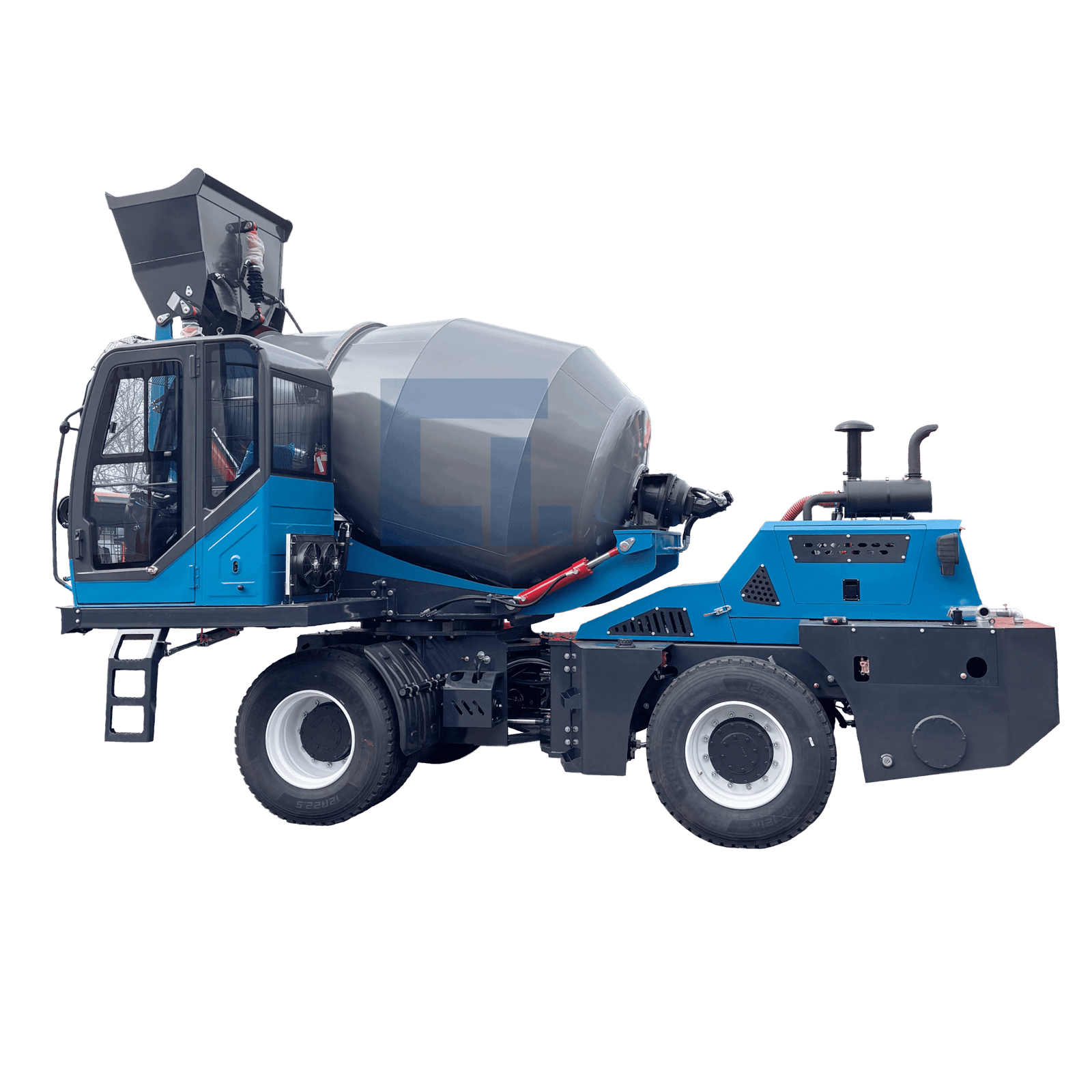 HIGHLAND HEAVY MACHINERY blue self loading concrete mixer truck isolated on transparent background, side profile view showing the enclosed cabin, grey mixing drum, black chassis, white wheels, and side access ladder.