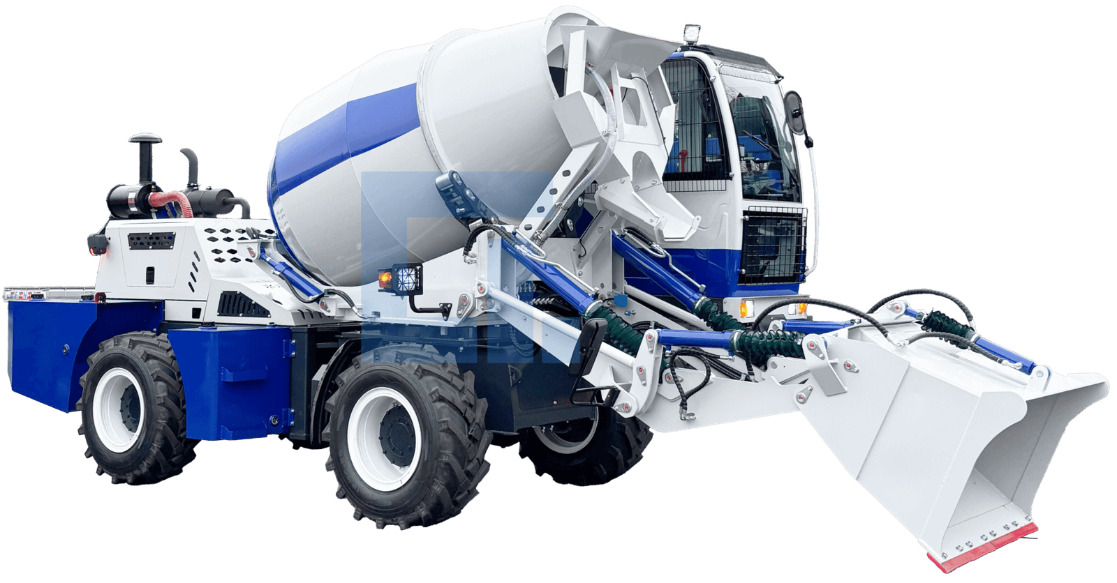 HIGHLAND HEAVY MACHINERY blue and white self loading concrete mixer truck isolated on transparent background, side elevation with white mixing drum, blue stripe, bucket resting on ground, red-edged bucket, and side access ladder for catalog use.