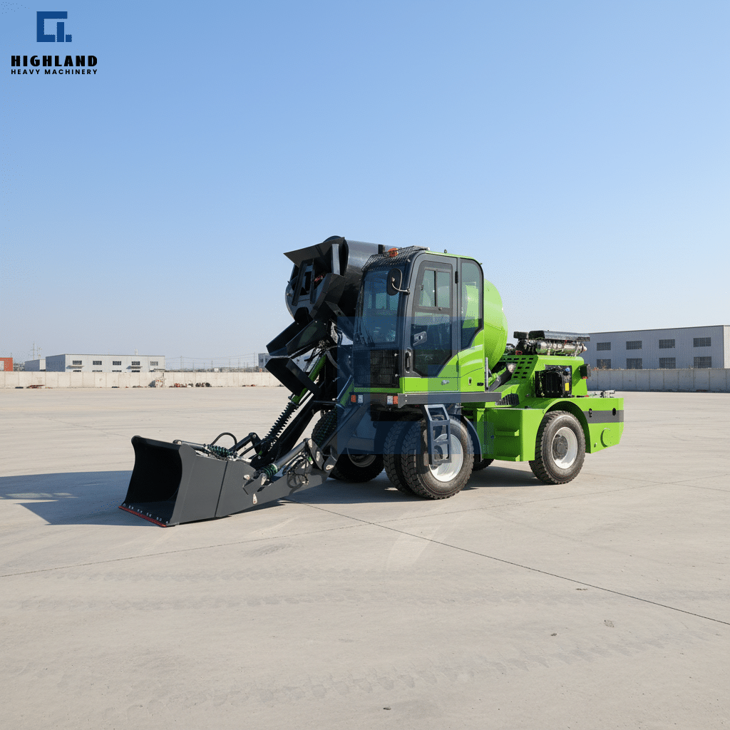 HIGHLAND HEAVY MACHINERY green self loading concrete mixer truck parked outdoors at the factory yard, with front loader bucket resting on the ground, clear blue sky background, ready for on-site batching.