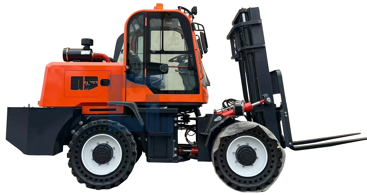 HIGHLAND HEAVY MACHINERY orange 3.5-ton rough terrain forklift in side profile, isolated on transparent background, showcasing the enclosed cabin, heavy-duty mast, and all-terrain tires for About Us page display.