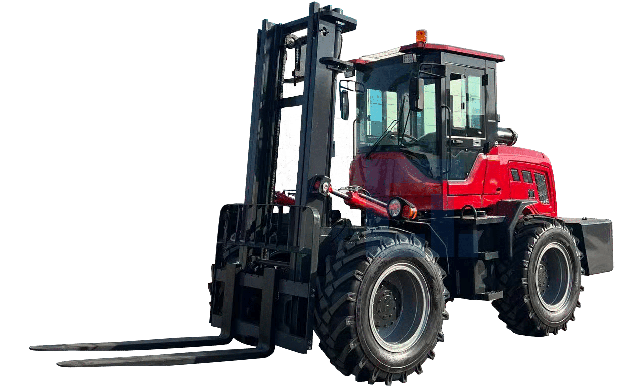 HIGHLAND HEAVY MACHINERY red and black rough terrain forklift isolated on transparent background, front-side view with heavy-duty black mast, enclosed cabin, and all-terrain tires for contact page display.
