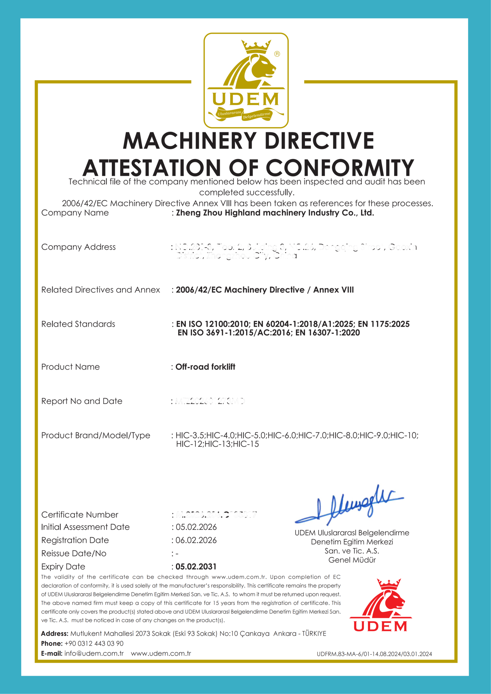 UDEM Machinery Directive Attestation of Conformity for HIGHLAND HEAVY MACHINERY off-road forklifts, covering HIC-3.5 to HIC-15 models and confirming compliance with 2006/42/EC and applicable EN safety standards.