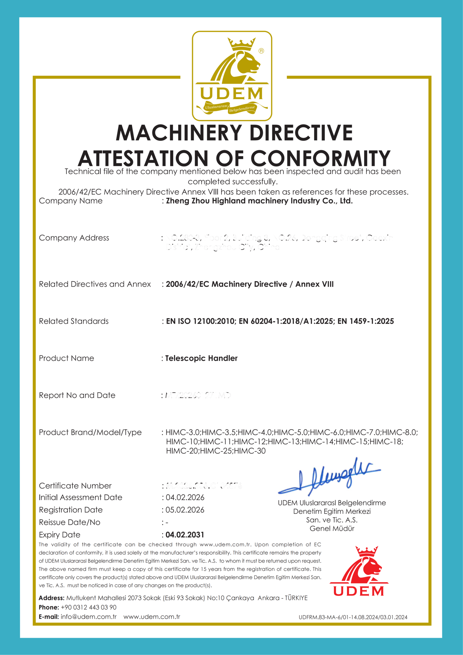 UDEM Machinery Directive Attestation of Conformity for HIGHLAND HEAVY MACHINERY HIMC series telescopic handlers, covering HIMC-3.0 to HIMC-30 models and confirming compliance with 2006/42/EC and applicable EN standards.
