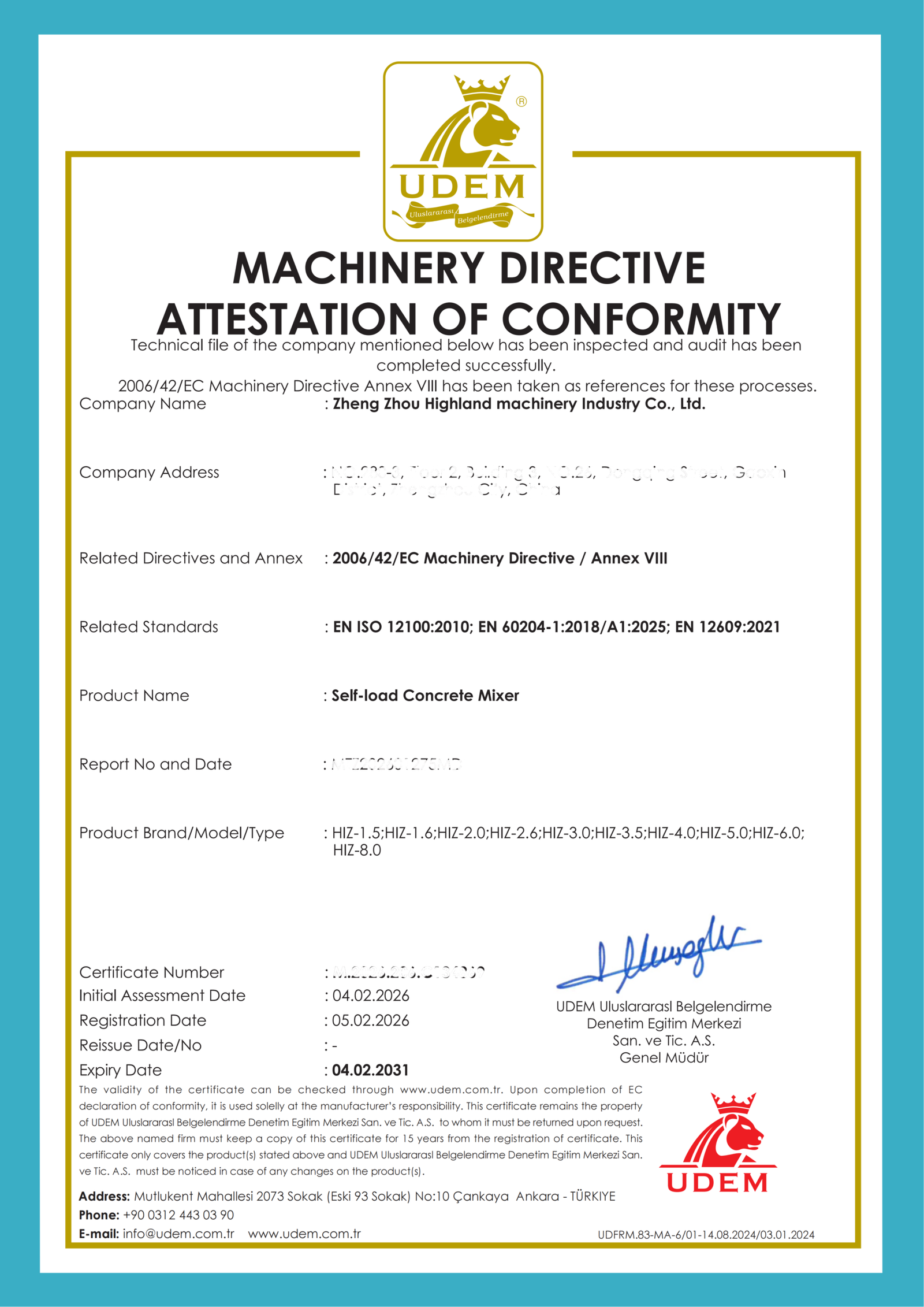 UDEM Machinery Directive Attestation of Conformity issued to Zheng Zhou Highland Machinery Industry Co., Ltd. for HIZ series self-loading concrete mixers, confirming conformity with 2006/42/EC and relevant EU safety standards.