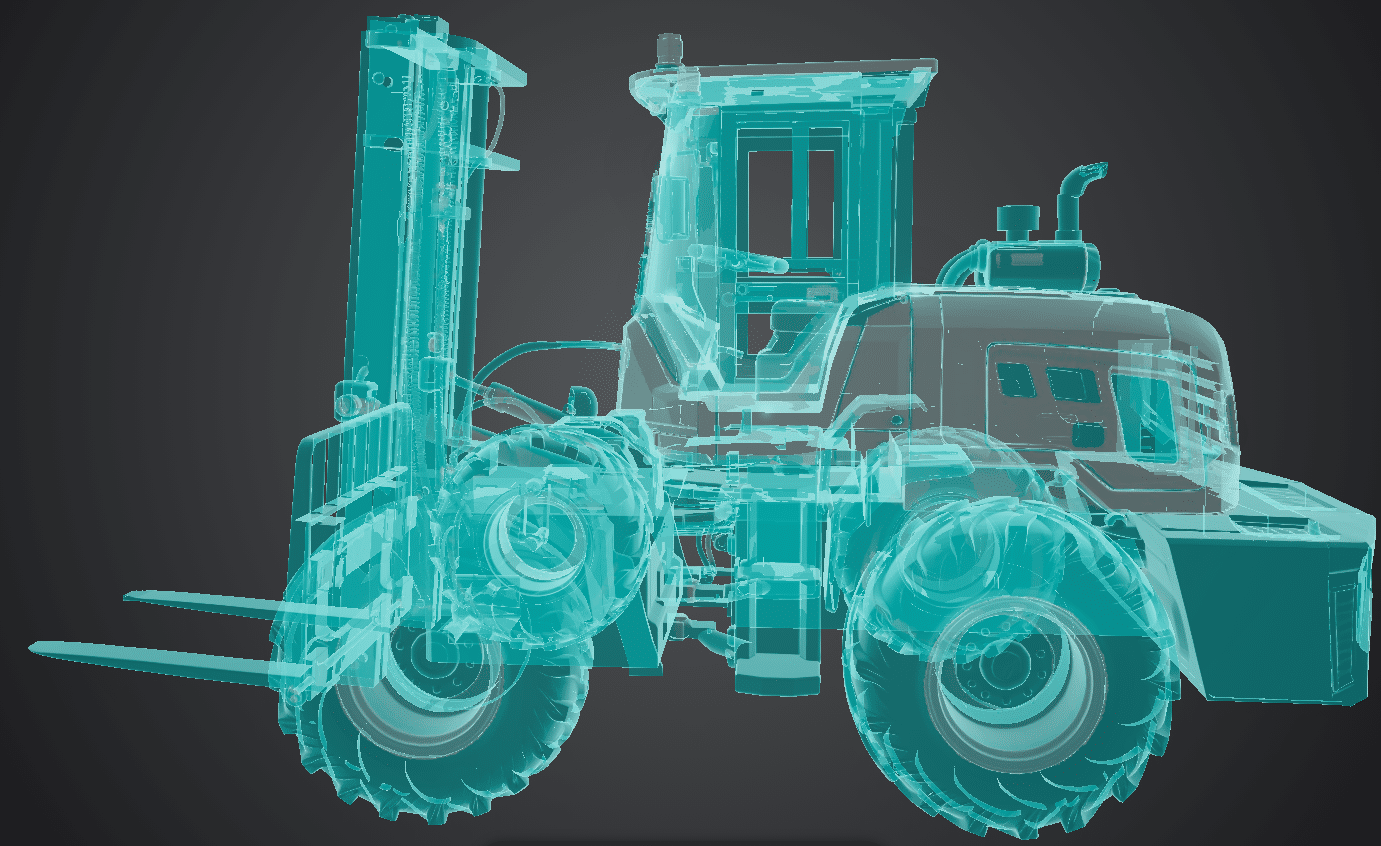 HIGHLAND HEAVY MACHINERY 3D CAD design rendering of a rough terrain forklift, showing the internal structural layout, mast assembly, and heavy-duty tires in a transparent blue view.