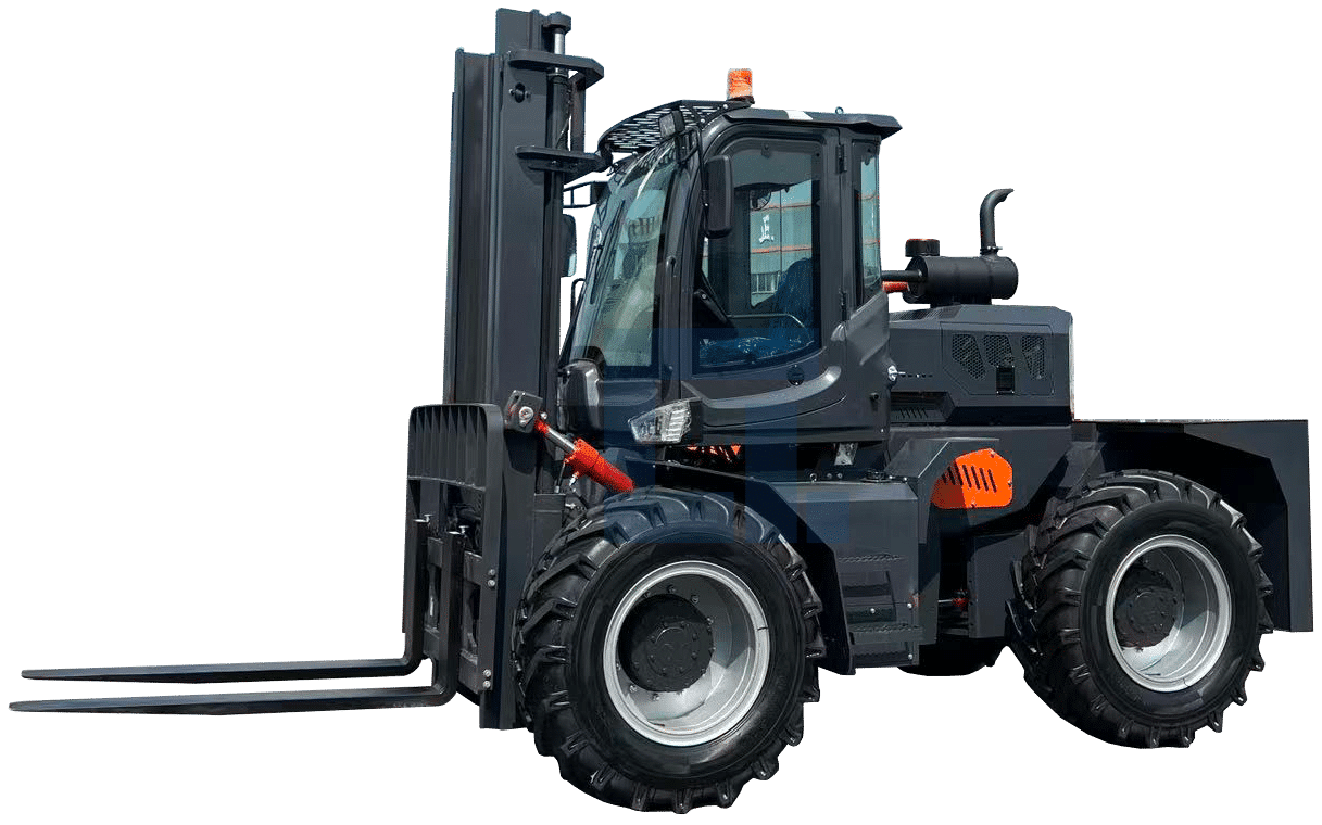 HIGHLAND HEAVY MACHINERY 5T articulated rough terrain forklift isolated on a transparent background, highlighting its large steering angle, heavy-duty tires, and dark grey finish with orange accents.