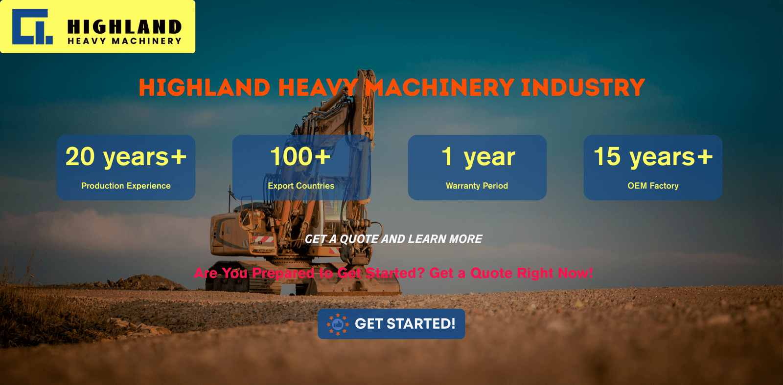 HIGHLAND HEAVY MACHINERY company introduction banner featuring key credentials: 20+ years production experience, 100+ export countries, 1-year warranty, and 15+ years OEM factory, set against an excavator silhouette under a dramatic sky.