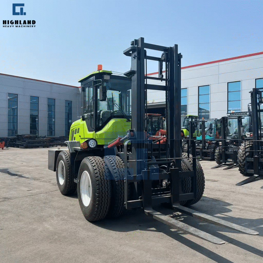 HIGHLAND HEAVY MACHINERY - Green Rough Terrain Forklift Front View | Heavy-Duty Mast & Ready-to-Ship Fleet