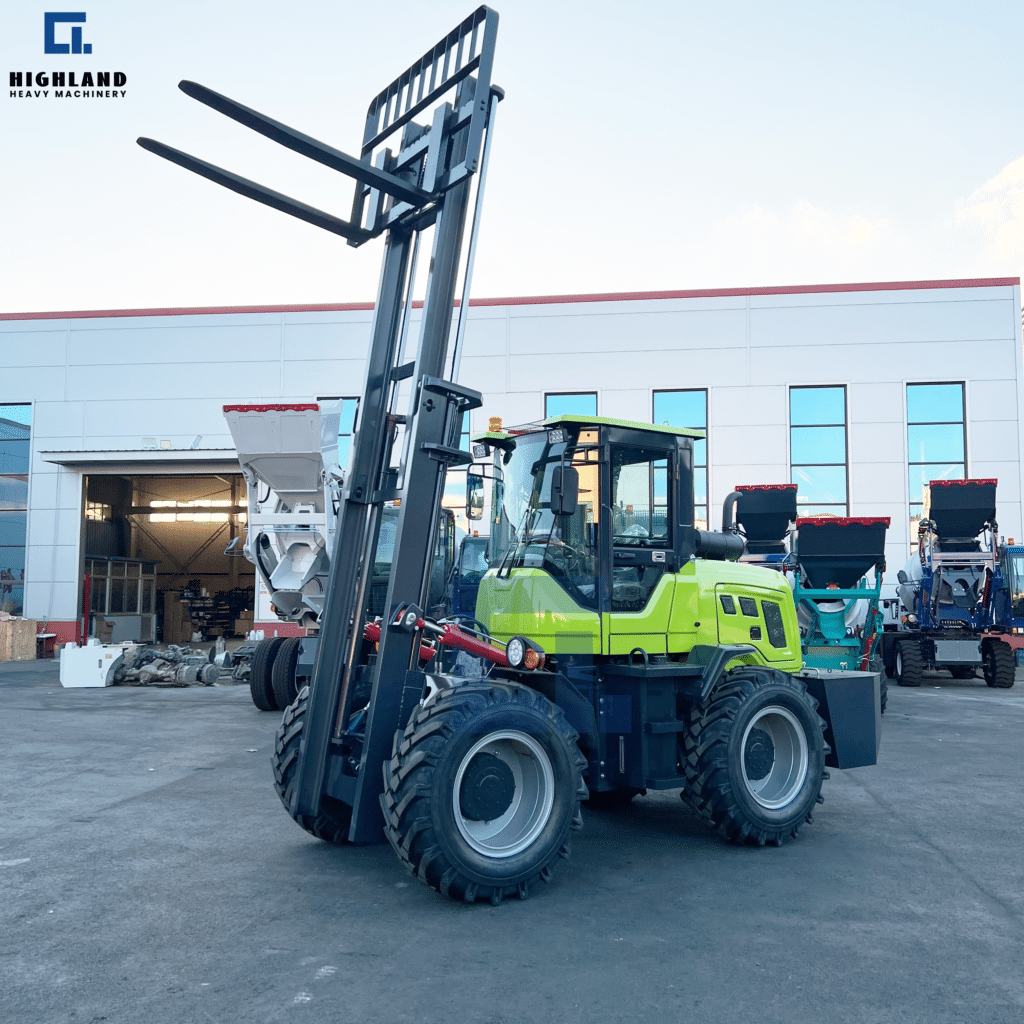 HIGHLAND HEAVY MACHINERY - Green Rough Terrain Forklift | Raised Forks for High-Stacking & Versatile Material Handling