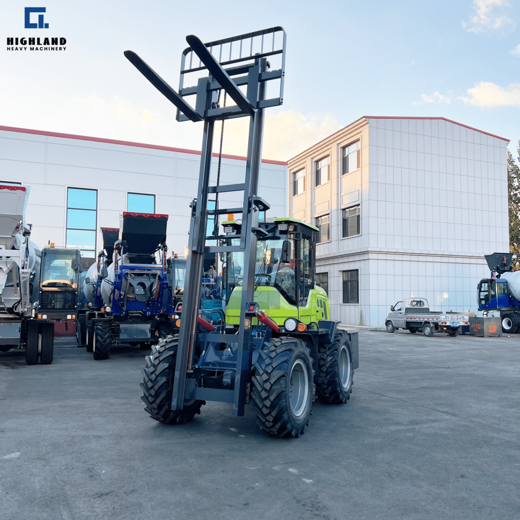 HIGHLAND HEAVY MACHINERY - Green Rough Terrain Forklift | Tall Mast Profile & Multi-Equipment Industrial Yard