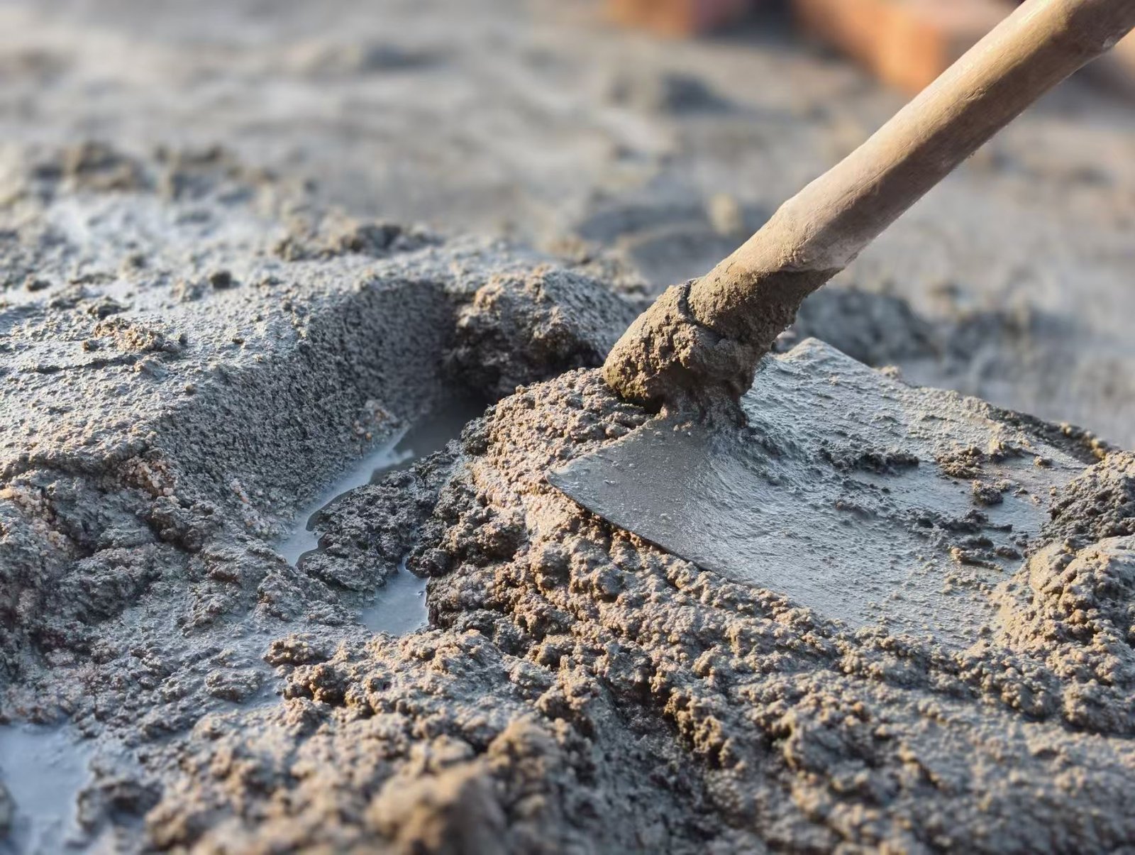 HIGHLAND HEAVY MACHINERY high-quality wet concrete mix close-up with a trowel, showcasing smooth texture, ideal consistency, and professional batching quality for durable construction projects.