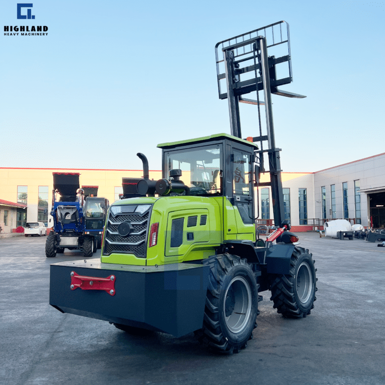 HIGHLAND HEAVY MACHINERY - Off-Road Forklift Rear View | Heavy-Duty Towing Hitch & Top-Mounted Exhaust System