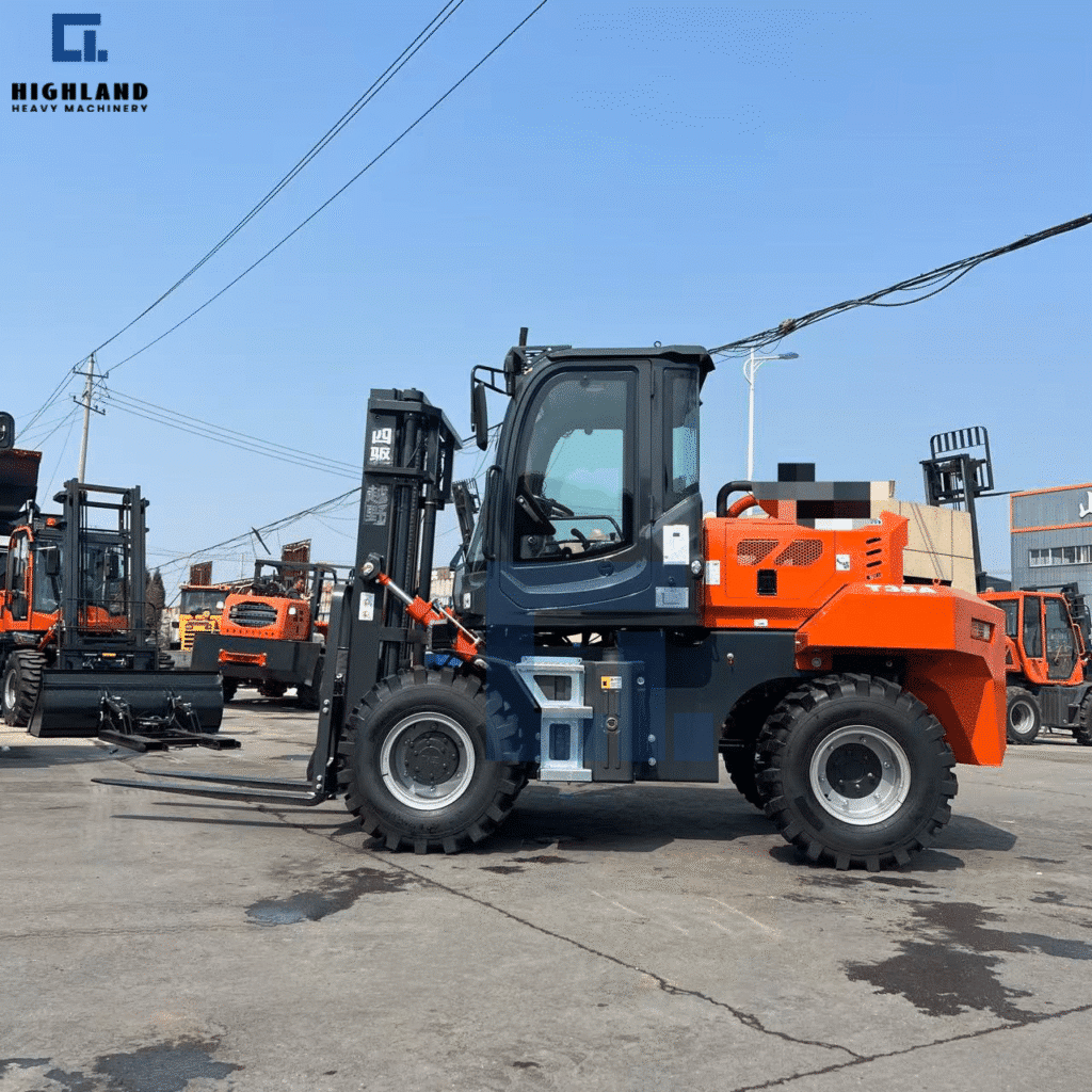 HIGHLAND HEAVY MACHINERY - Orange & Black Rough Terrain Forklift | Versatile Industrial Material Handler