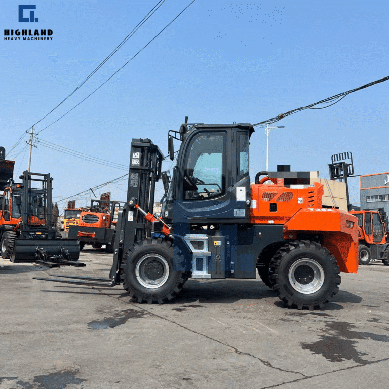 HIGHLAND HEAVY MACHINERY - Orange & Black Rough Terrain Forklift | Versatile Industrial Material Handler