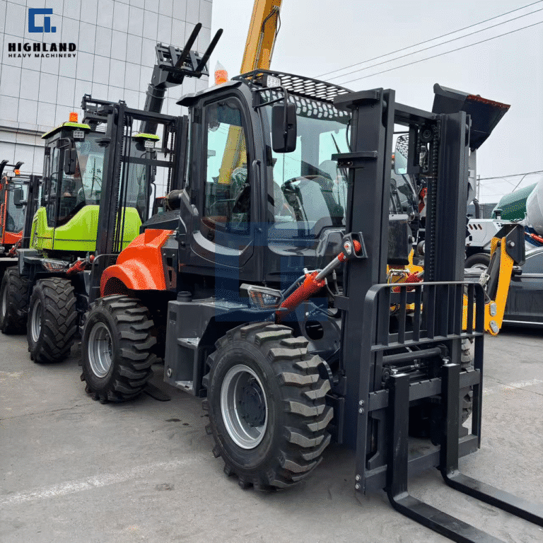 HIGHLAND HEAVY MACHINERY - Orange Rough Terrain Forklift Front View | Heavy-Duty Mast & Precision Steering Components