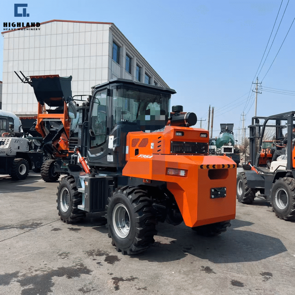 HIGHLAND HEAVY MACHINERY - Orange Rough Terrain Forklift Rear Quarter View | Heavy-Duty Counterweight for Maximum Stability
