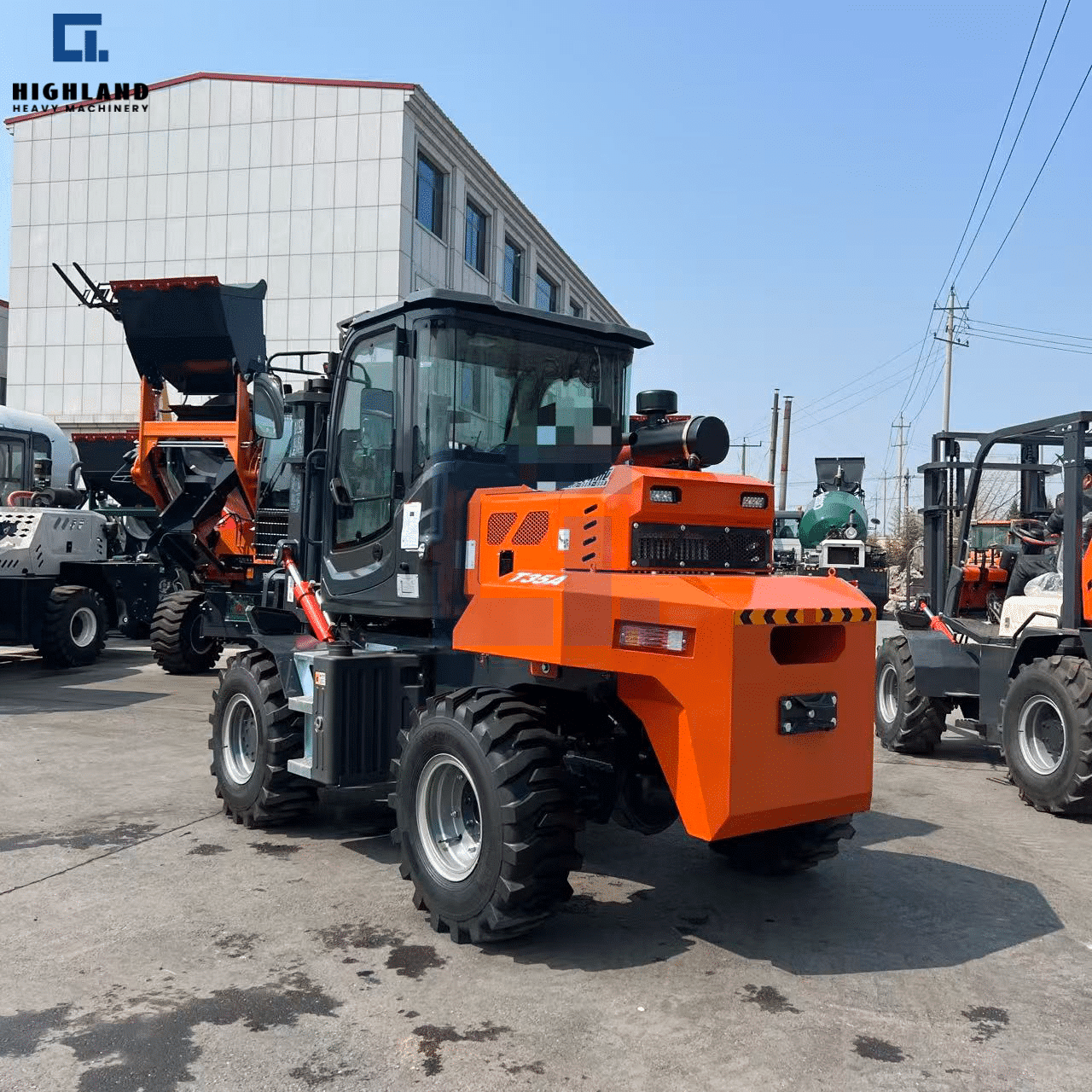 HIGHLAND HEAVY MACHINERY orange rough terrain forklift rear-quarter view, featuring a massive heavy-duty counterweight block and robust off-road tires for maximum stability, with a top-mounted exhaust pipe.